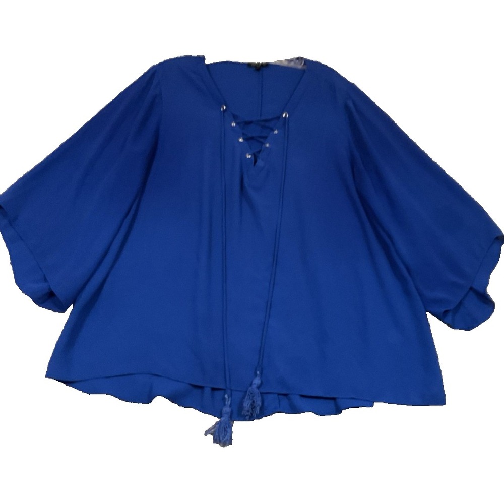 Boho Sami & Jo Blue Tie Front V Neck Witch Sleeve Gauze Shirt Blouse Sz 2x